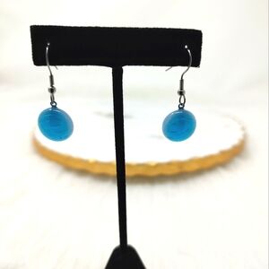 Shiny bright blue round disc dangle earrings
